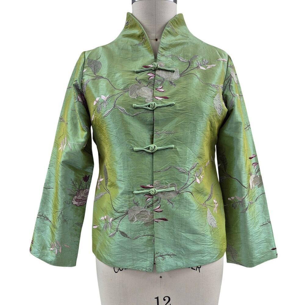 YA LI Asian Green Iridescent Jacket Embroidered Floral Design Fully Lined Sz L